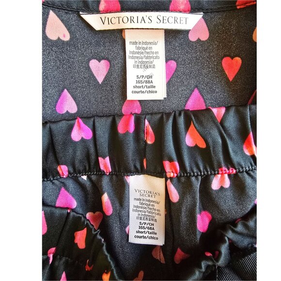 Victoria's Secret Satin Long Pajama Set Lounge Sleep Black Pink Hearts PJs Small - Picture 9 of 14